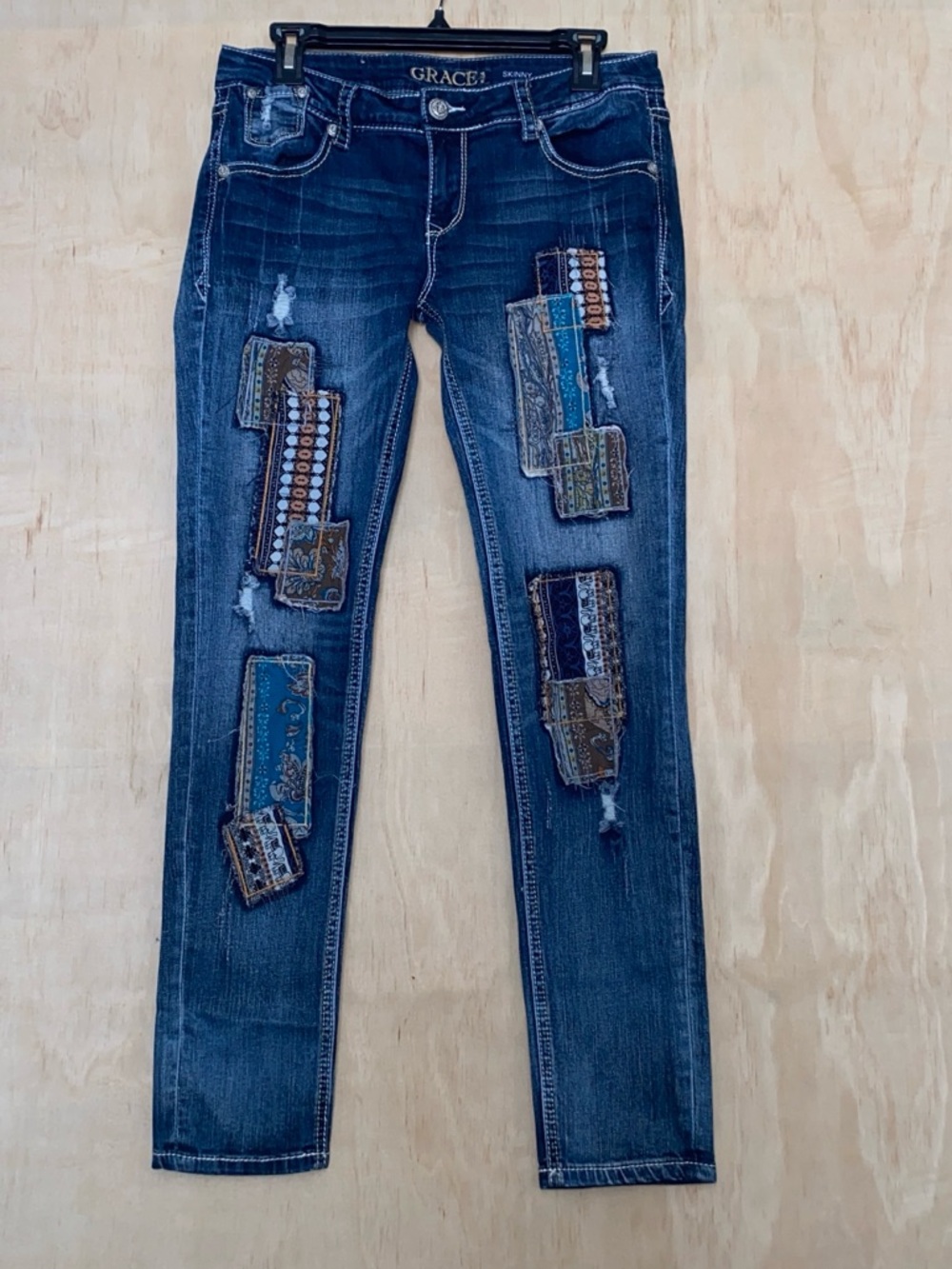 Grace in LA Dark Blue Patchwork Skinny Jeans with Embellished Patches